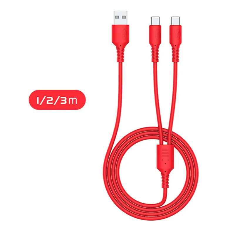 2in1 USB To Dual Type C Male Cable Silicone Mobile Phone USB C Charging Cord Type C Charger Line for Cellphones