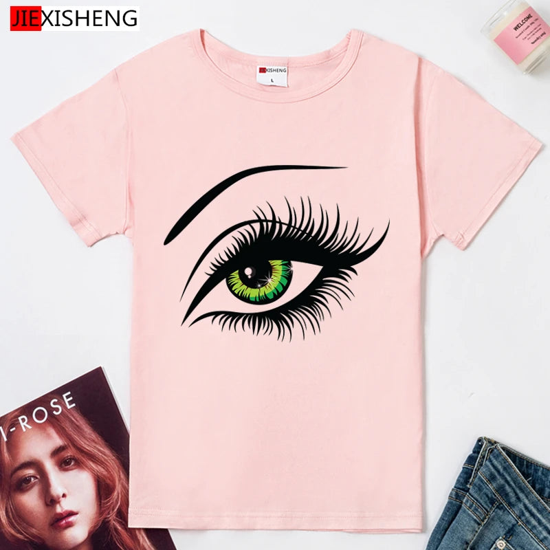 2021 Summer T shirt Women Tops Tees Short Sleeve Cotton Big Eyes Print Tshirt Funny T-shirt Woman Clothes