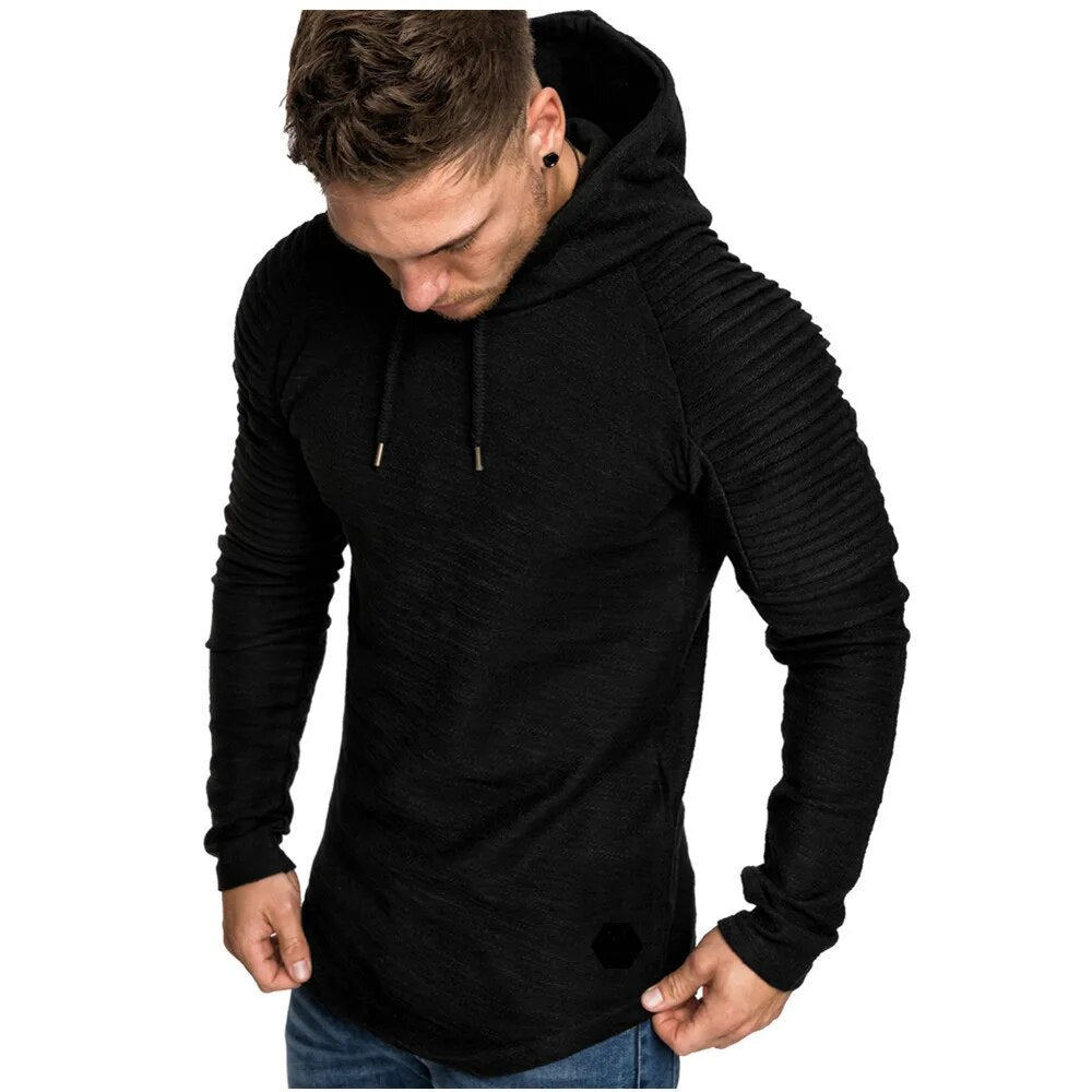 New Trendy Mens Hoodies Solid Color Hooded Slim Sweatshirt Striped pleated raglan sleeves Male Streetwear Casual sweatshirt Coat