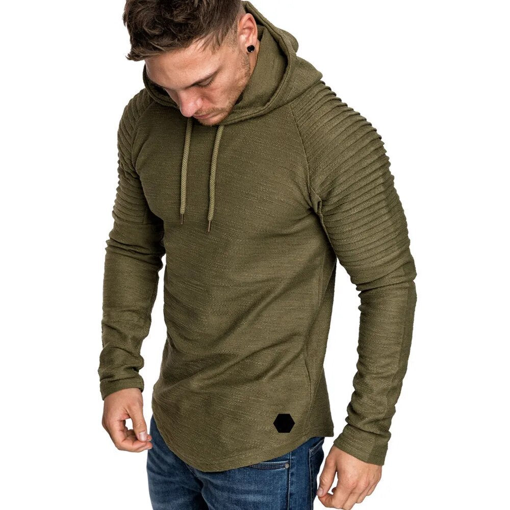 New Trendy Mens Hoodies Solid Color Hooded Slim Sweatshirt Striped pleated raglan sleeves Male Streetwear Casual sweatshirt Coat