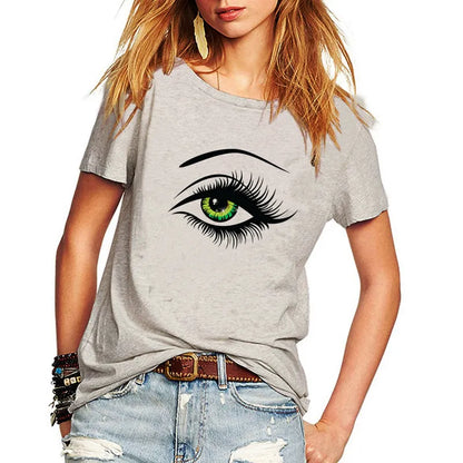 2021 Summer T shirt Women Tops Tees Short Sleeve Cotton Big Eyes Print Tshirt Funny T-shirt Woman Clothes