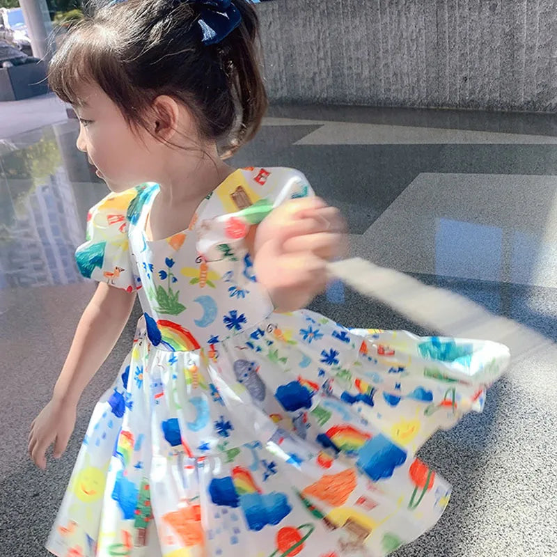 Summer Girls' Dress 2022 New Puff Sleeve Casual Cartoon Party Princess Dress Cute Children's Wear Baby Kids Girls Clothing