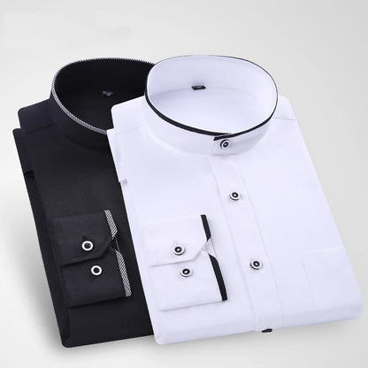 Mandarin Collar Business Formal Shirt Men's Solid Color Dress Shirt Office Wear White/Black Color Asian Size