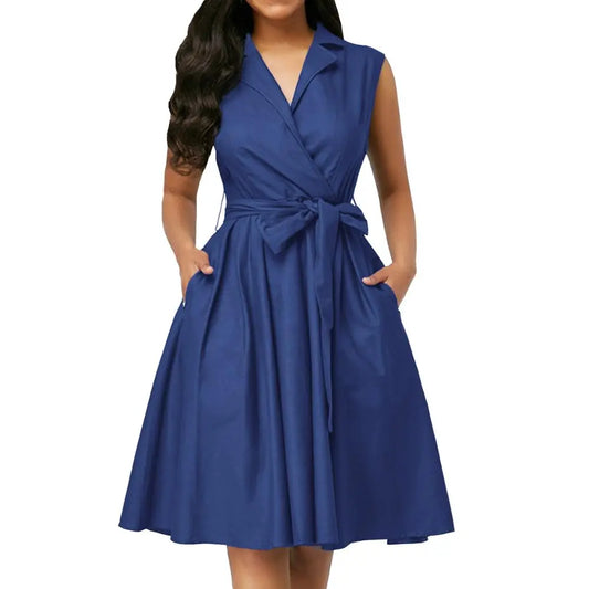 Women Dresses Sleeveless Notched Solid Navy Blue With Bow Sashes Summer A-line Beach Office Dress 2023 burgundy Party Vestidos