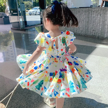 Summer Girls' Dress 2022 New Puff Sleeve Casual Cartoon Party Princess Dress Cute Children's Wear Baby Kids Girls Clothing