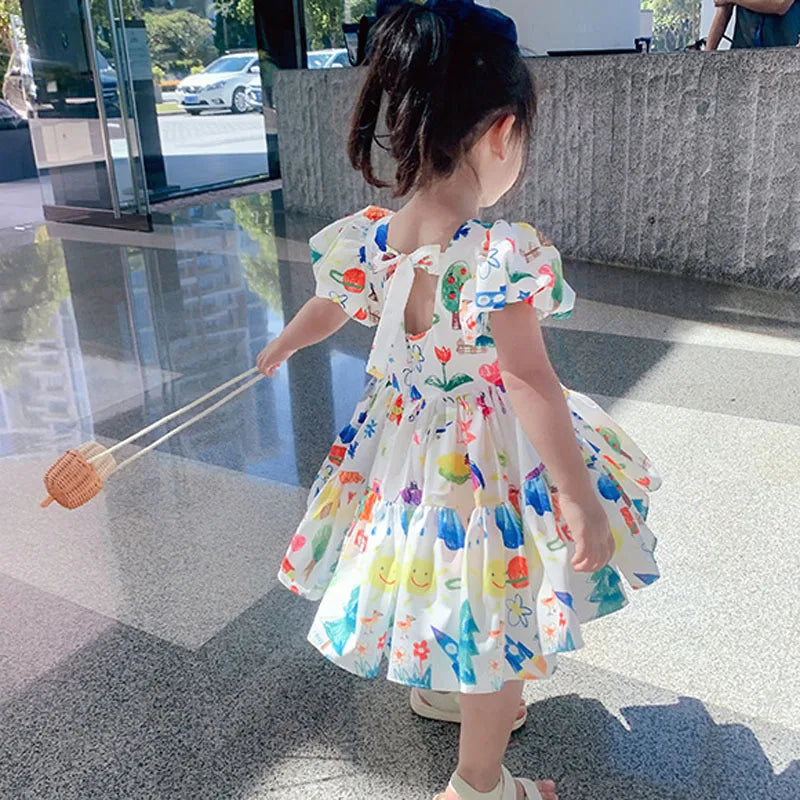 Summer Girls' Dress 2022 New Puff Sleeve Casual Cartoon Party Princess Dress Cute Children's Wear Baby Kids Girls Clothing