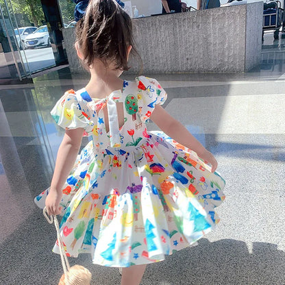 Summer Girls' Dress 2022 New Puff Sleeve Casual Cartoon Party Princess Dress Cute Children's Wear Baby Kids Girls Clothing