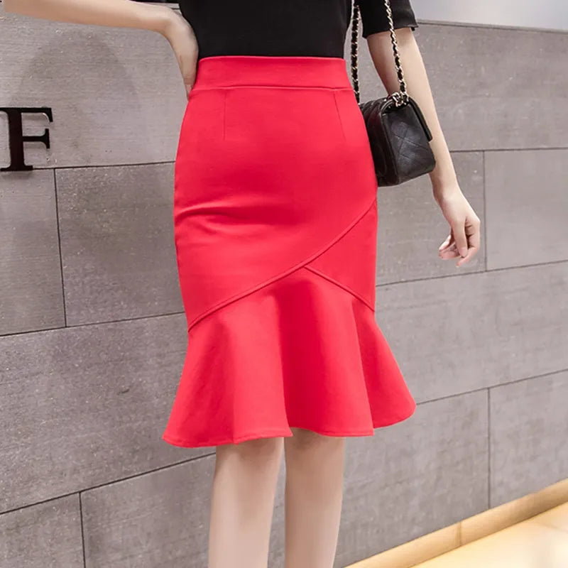 S-5XL 2023 Women Pencil Skirt Fashion OL Slim Bodycon Business Wear Ruffles Hem Mermaid Style Oversized Ladies Office Skirt