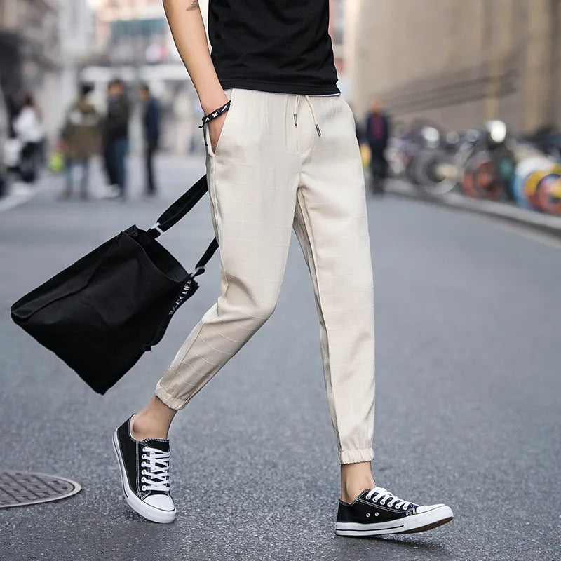 2023 Ankle-Length Linen Pure cotton Plaid Pants Men Trousers Hip Hop Jogger Pants Men Sweatpants Streetwear Men Pants S-5XL