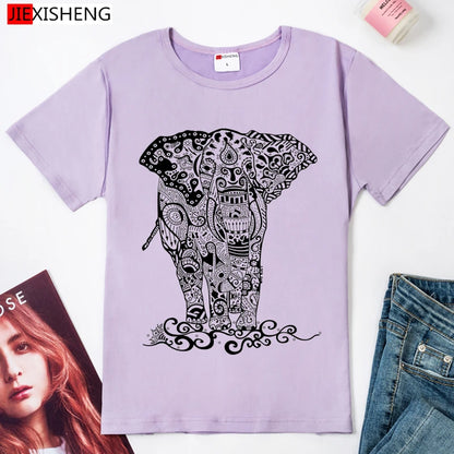 Summer 2021 Cartoons Funny T shirts Women Fashion Short Sleeve O-Neck Tee Shirt Elephant printed Top Crop HH170