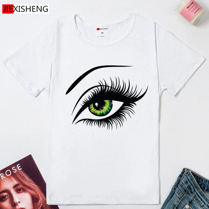 2021 Summer T shirt Women Tops Tees Short Sleeve Cotton Big Eyes Print Tshirt Funny T-shirt Woman Clothes