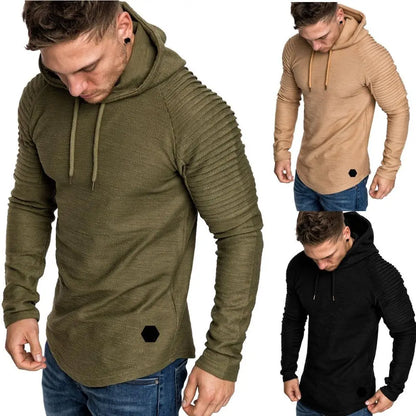 New Trendy Mens Hoodies Solid Color Hooded Slim Sweatshirt Striped pleated raglan sleeves Male Streetwear Casual sweatshirt Coat