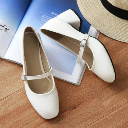 Meotina Women Shoes High Heels Mary Janes Shoes Patent Leather Thick Heel Pumps Buckle Square Toe Female Footwear White 33-43