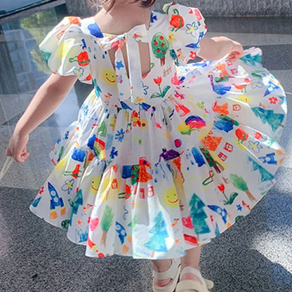 Summer Girls' Dress 2022 New Puff Sleeve Casual Cartoon Party Princess Dress Cute Children's Wear Baby Kids Girls Clothing