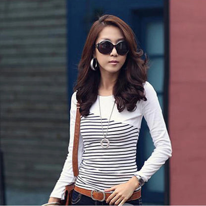 Striped T Shirt Women Clothes Long Sleeve Korean Top Autumn Casual Womens Clothing Patchwork Slim Tshirts O Neck Tee Shirt Femme