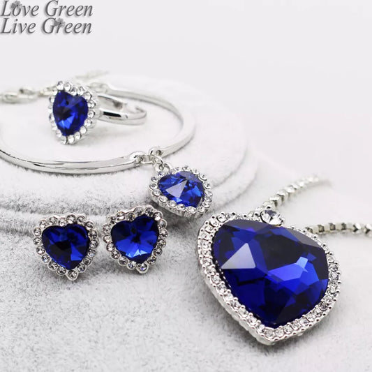 Heart of Ocean Blue Heart Love Forever Jewelry Set For Women Crystal Rhinestones Necklace Earrings Ring Bracelet Set