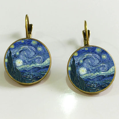 Retro Van Gogh Painting Stud Earrings Jewelry Vintage Starry Night Art Picture Round Glass Dome Earings For Women