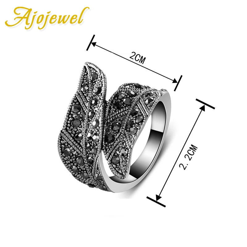 Ajojewel Fashion Vintage Black CZ Leaf Wide Ring Band Jewelry Women Female Rings Size 7-9