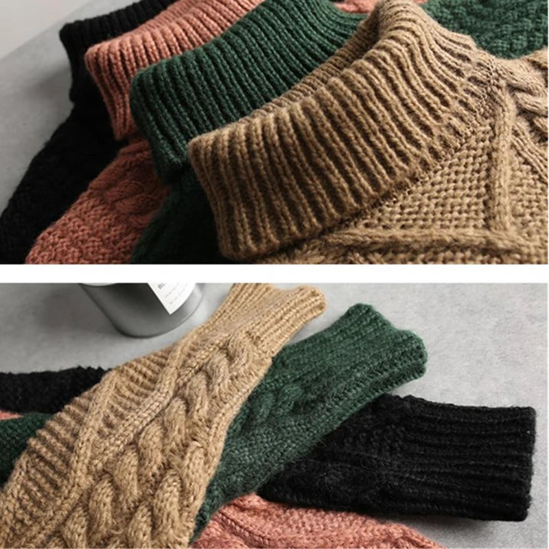 Thickened Sweater Women Autumn Winter Tops Korean Style Loose Twist Knitted Short Design Pullover Turtleneck Black Brown Female