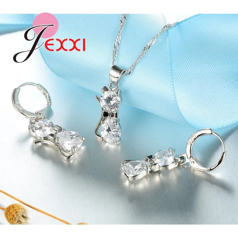 Jewellery Sets Accessories Genuine 925 Sterling Silver  Cubic Zirconia Cat Kitty Necklace Pendant+Leverback Earrings Hot