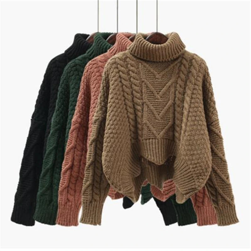 Thickened Sweater Women Autumn Winter Tops Korean Style Loose Twist Knitted Short Design Pullover Turtleneck Black Brown Female