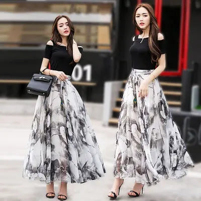 TingYiLi Long Floral Skirts Womens Holiday Beach Boho Skirt Summer Long Skirts Elegant Ladies Maxi Chiffon Skirt 8M Big Swing