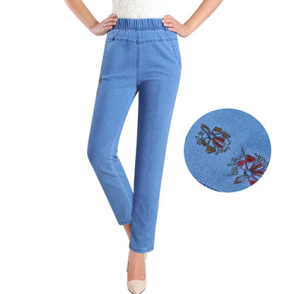 L-5XL Jeans Female 2022 Spring Summer New Embroidery Nine Denim Pants Slim High Waist Elasticity Casual Women Cowboy Pants H450