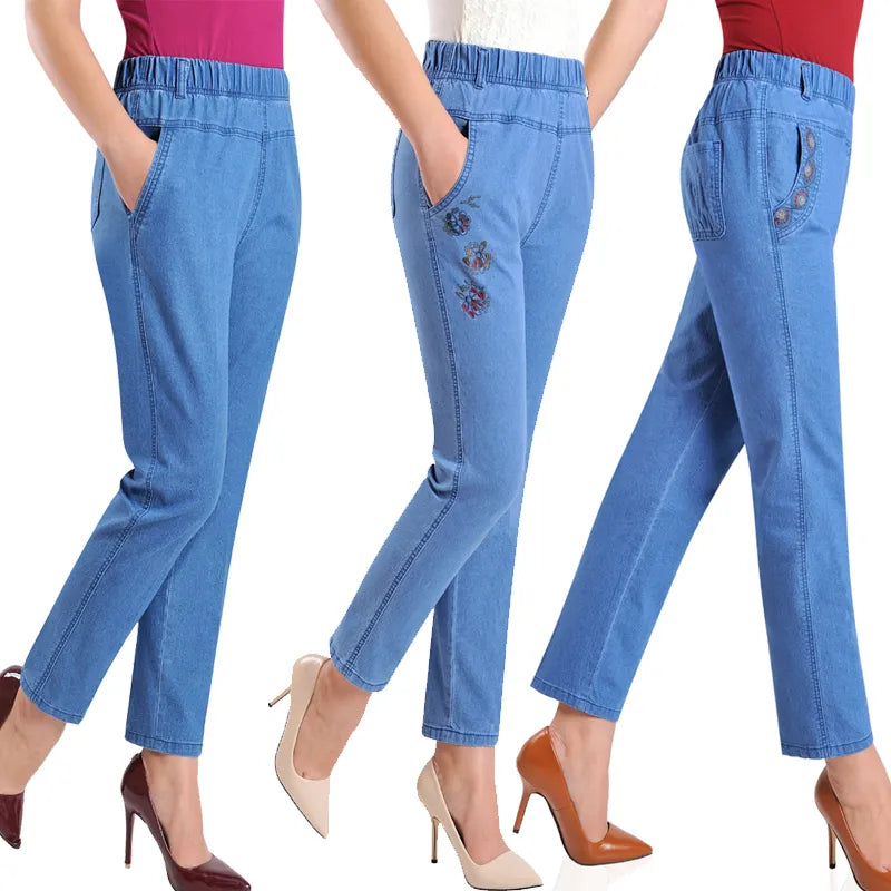 L-5XL Jeans Female 2022 Spring Summer New Embroidery Nine Denim Pants Slim High Waist Elasticity Casual Women Cowboy Pants H450