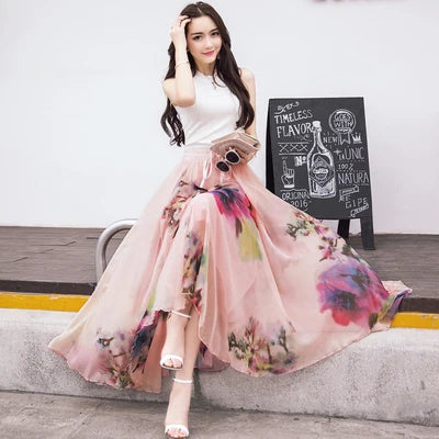 TingYiLi Long Floral Skirts Womens Holiday Beach Boho Skirt Summer Long Skirts Elegant Ladies Maxi Chiffon Skirt 8M Big Swing