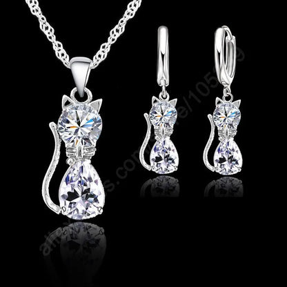 Jewellery Sets Accessories Genuine 925 Sterling Silver  Cubic Zirconia Cat Kitty Necklace Pendant+Leverback Earrings Hot