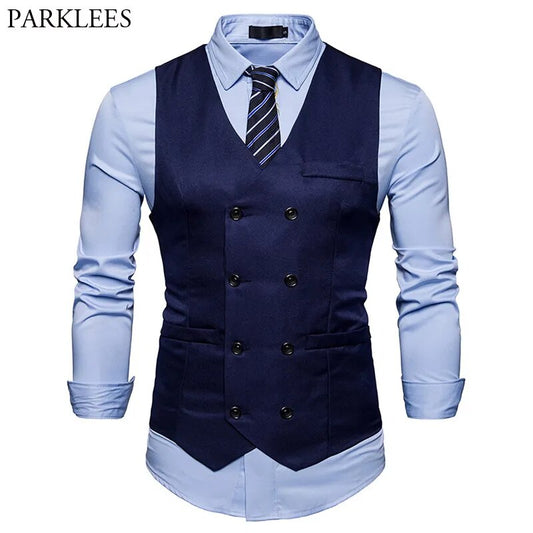 Brand Mens Double Breasted Suit Vest 2022 Fashion Slim Fit Sleeveless Waistcoat Men Business Wedding Vests Gilet Costume Homme