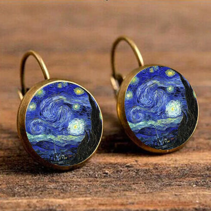 Retro Van Gogh Painting Stud Earrings Jewelry Vintage Starry Night Art Picture Round Glass Dome Earings For Women