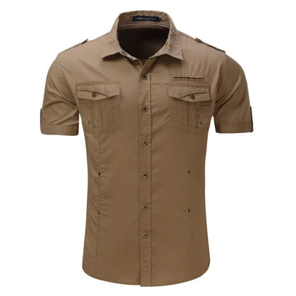 2021 New Arrive Mens Cargo Shirt Men Casual Shirt Solid Short Sleeve Shirts Multi Pocket Work Shirt Plus Size 100% Cotton