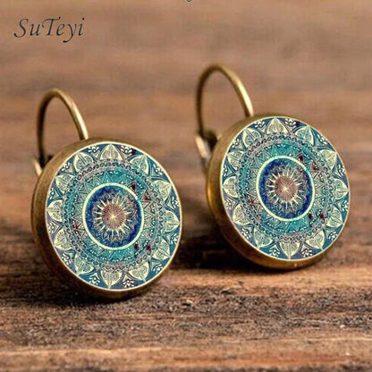 SUTEYI Charm Henna Yoga Amulet Ladies Earrings Round Glass Cabochon Earings Jewelry Bohemian Mandala Earrings For Women