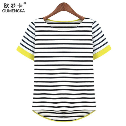 OUMENGKA New Women Tops O-Neck T-Shirt Short Sleeve Striped T Shirts Tees Blusas Femininas Free Shipping M- XXXXL Plus Size