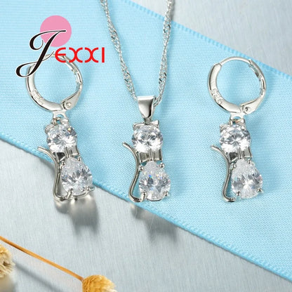 Jewellery Sets Accessories Genuine 925 Sterling Silver  Cubic Zirconia Cat Kitty Necklace Pendant+Leverback Earrings Hot