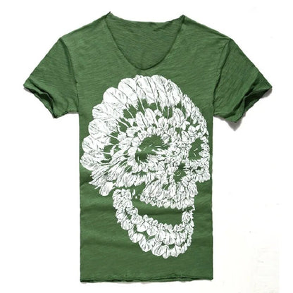 Mens Deep V Neck T Shirt Summer Green Cotton Mens Skull Print Thin Slim V Neck T-shirt Plus Size M-XXL #T99