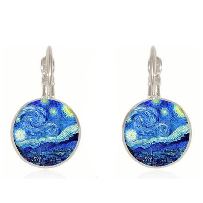 Retro Van Gogh Painting Stud Earrings Jewelry Vintage Starry Night Art Picture Round Glass Dome Earings For Women