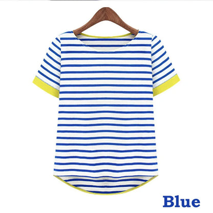 OUMENGKA New Women Tops O-Neck T-Shirt Short Sleeve Striped T Shirts Tees Blusas Femininas Free Shipping M- XXXXL Plus Size