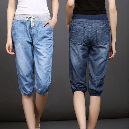 Black Denim Jeans Women's Summer Harem Pants Light Washed Loose Cotton Casual Calf-Length Blue Trousers Female Clothing 3XL 4XL