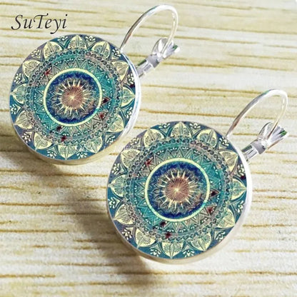 SUTEYI Charm Henna Yoga Amulet Ladies Earrings Round Glass Cabochon Earings Jewelry Bohemian Mandala Earrings For Women