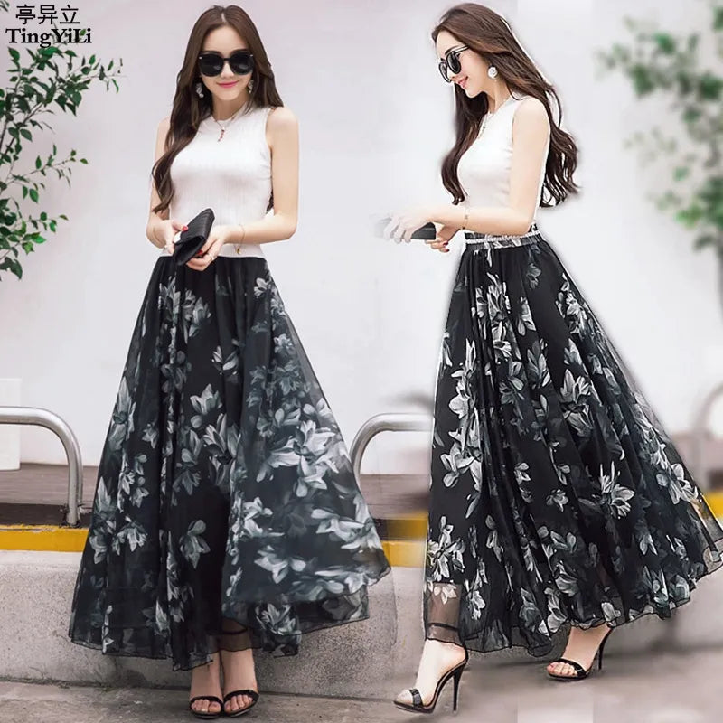 TingYiLi Long Floral Skirts Womens Holiday Beach Boho Skirt Summer Long Skirts Elegant Ladies Maxi Chiffon Skirt 8M Big Swing