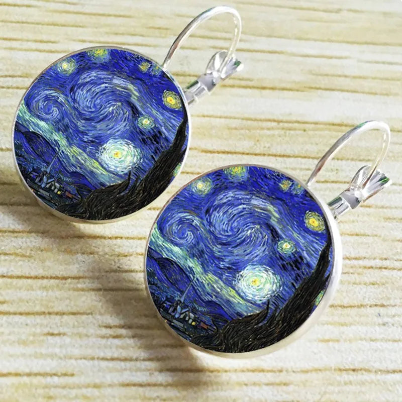 Retro Van Gogh Painting Stud Earrings Jewelry Vintage Starry Night Art Picture Round Glass Dome Earings For Women