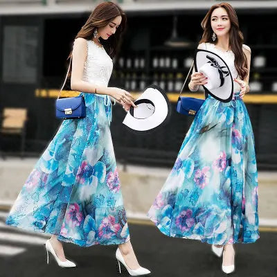 TingYiLi Long Floral Skirts Womens Holiday Beach Boho Skirt Summer Long Skirts Elegant Ladies Maxi Chiffon Skirt 8M Big Swing