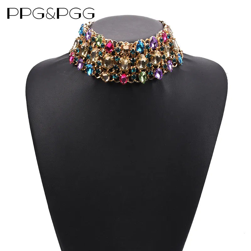 Fashion Colorful Clear Champagne Crystal Large Collar Choker Necklace Women Indian Statement Big Bib Necklace Jewelry 2023 New