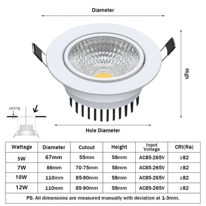 [DBF]Super Bright Recessed LED Dimmable Downlight COB 5W 7W 10W 12W 3000K LED Ceiling Spot Light LED Ceiling Lamp AC 110V 220V