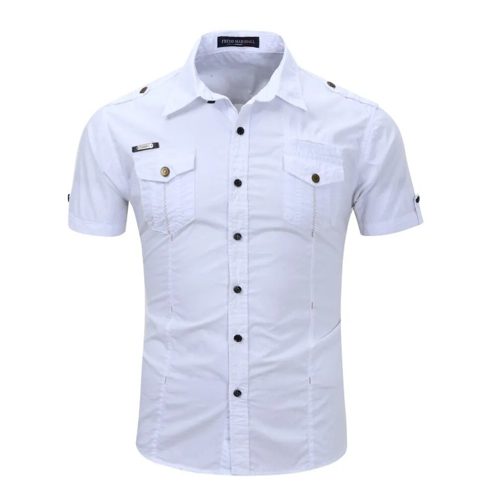 2021 New Arrive Mens Cargo Shirt Men Casual Shirt Solid Short Sleeve Shirts Multi Pocket Work Shirt Plus Size 100% Cotton