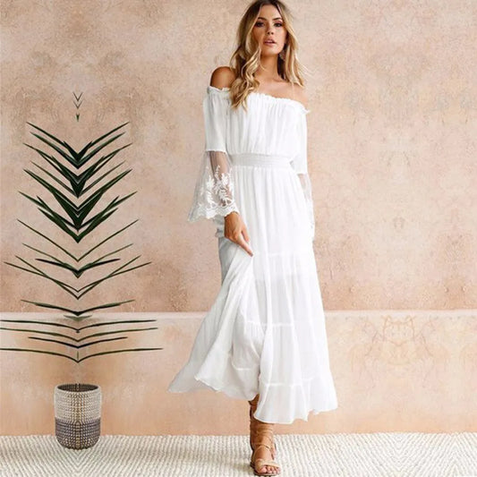 TEELYNN long  boho dress white sexy off the shoulder beach sundress Flare long sleeve splice lace women dresses summer vestidos