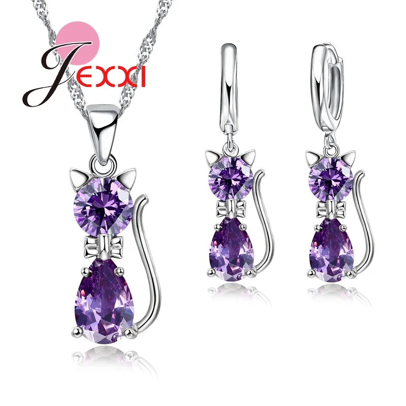 Jewellery Sets Accessories Genuine 925 Sterling Silver  Cubic Zirconia Cat Kitty Necklace Pendant+Leverback Earrings Hot