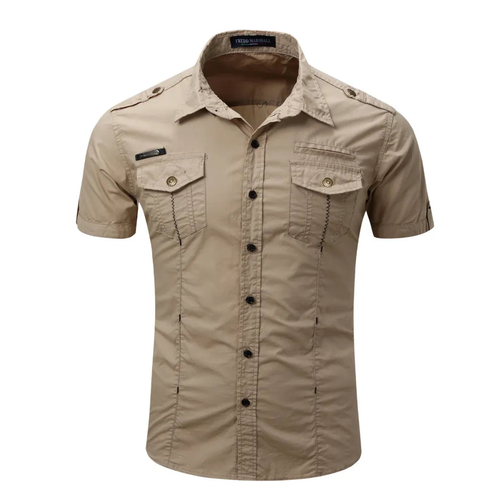 2021 New Arrive Mens Cargo Shirt Men Casual Shirt Solid Short Sleeve Shirts Multi Pocket Work Shirt Plus Size 100% Cotton